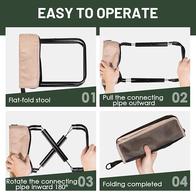 Ultra-Thin Portable Folding Stool - 1.97" Slim Fold, 0.99LB Lightweight, 200LB Capacity Camping Chair for Adults, Compact Collapsible Seat for Outdoor Fishing, Hiking, Events & Queue（Khaki）