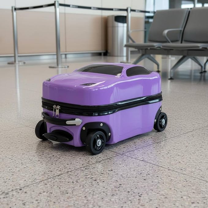 Kids Car Shaped Luggage Telescopic Handle Child's Sit on Suitcase Lightweight 3D Cartoon Car Suitcase for Young Children, Vacation, Airport, White