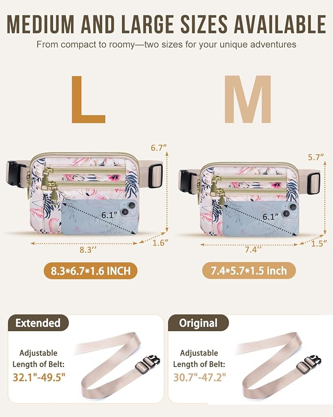 Capolo Fanny Packs for Women Fashion Waist Packs Bag with Adjustable Strap and 4 Zipper Pockets Waterproof Everywhere Crossbody Belt Bag for Workout Running Travelling(Flamingo, Large)