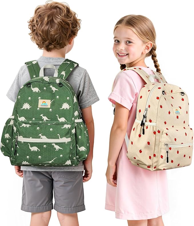 STEAMEDBUN Corduroy Kids Backpack for Girls and Boys 5-8: Girls Backpack for Elementary Kindergarten - 15 inch Cute Backpacks for Kids - Strawberry