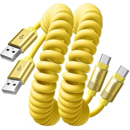 LISEN Coiled USB C Cable, 2 Pack for Android Auto & CarPlay Cable, Short USB A to USB C Cable Compatible with iPhone 17/16/15, Samsung Galaxy S25/S24/S23 A15/A14, Google Pixel 9/8, Yellow 4FT