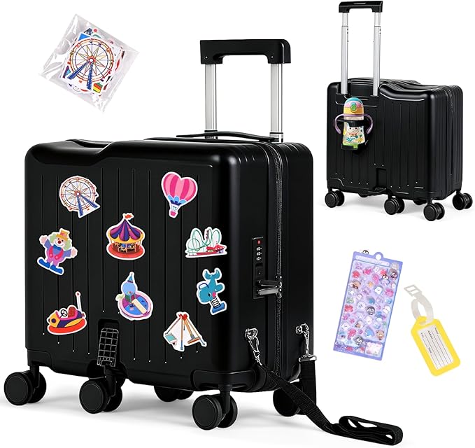 smilesun Kids Ride-On Luggage, 20" Hardshell Carry-On Suitcase with 6 Spinner Wheels, Foldable Pedal, Hidden Cup Holder & Combination Lock for Toddlers & Children (Black, 20-inch)