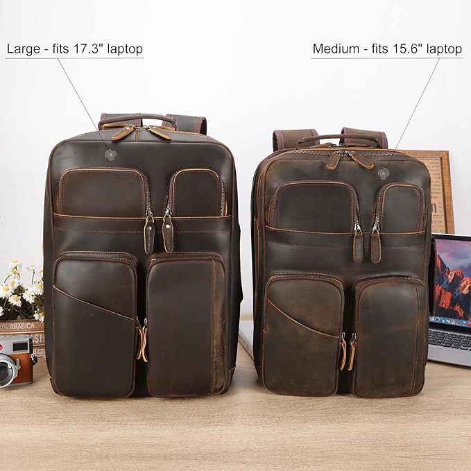 TIDING Full Grain Leather 15.6" Laptop Backpack for Men Multi Pockets Casual Daypack Business Travel Rucksack