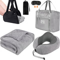 Travel Pillow and Blanket Set & Foot Rest, Memory Foam Neck Pillow Airplane Blanket & Airplane Foot Hammock & Foldable Duffel Bag, Eye Mask & Earplugs, Portable Travel Accessories Essentials, Grey