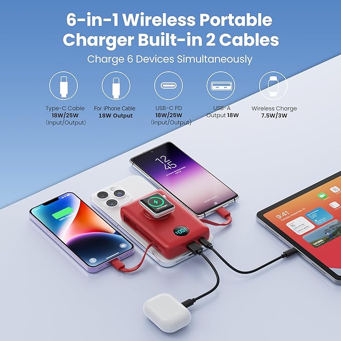 6 in 1 Magnetic Portable Charger for iPhone with Built-in Cables, 10800mAh 25W PD Fast Charging Power Bank, 6 Outputs Travel Essential Battery Pack for iPhone 17/16/15/14/13/12,Apple Watch (Red)
