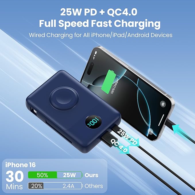 6 in 1 Magnetic Portable Charger for iPhone with Built-in Cables, 10800mAh 25W PD Fast Charging Power Bank, 6 Outputs Travel Essential Battery Pack for iPhone 17/16/15/14/13/12,Apple Watch (Blue)