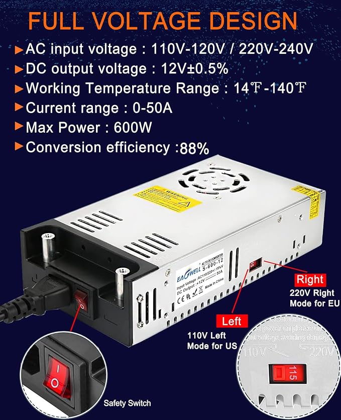 EAGWELL New Version 110V AC to 12V DC Converter 600W Power Supply 50A, Universal SMPS Transformer for RV, Pump, LED Strip, CCTV, Car Stereo,Diesel Heater