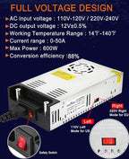 EAGWELL New Version 110V AC to 12V DC Converter 600W Power Supply 50A, Universal SMPS Transformer for RV, Pump, LED Strip, CCTV, Car Stereo,Diesel Heater