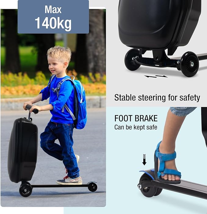 2-in-1 Ride-On Scooter Suitcase for Kids & Adults, 20” Foldable Hardshell Carry-On Luggage for Travel, Lightweight Kids Scooter Bag with Wheels