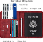 WALNEW Passport Holder for Travel, RFID Passport Cover Wallet for Women Men, PU Leather Passport Book Card Holder Case with Pen (Elastic Band Closure, C-Red)