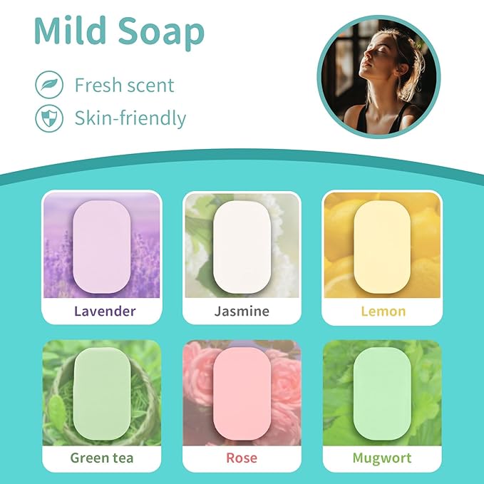 300 Paper Soap Sheets for Travel - 6packs Travel Size Foaming Hand Soap Sheets Refills with 1 Portable Box for Hand Washing Disposable Scented Mini Flakes Traveling Camping Hiking Essentials