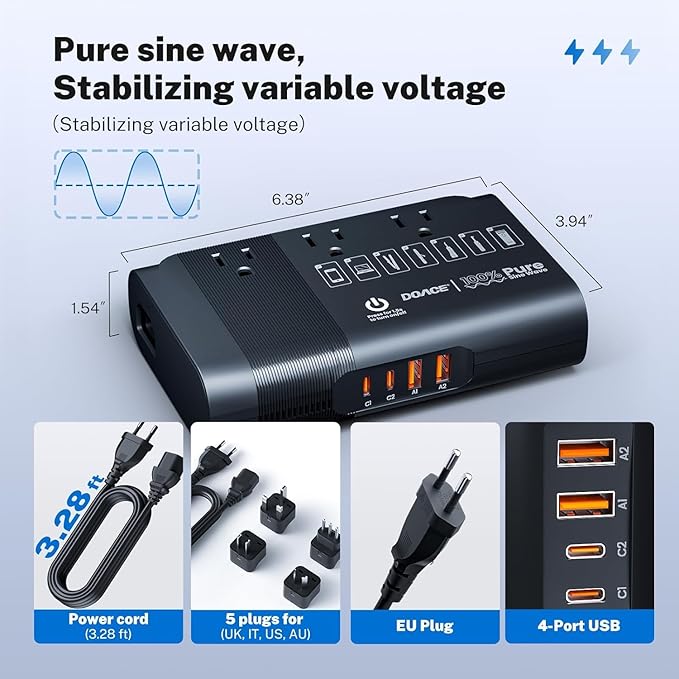 DOACE 500W Travel Voltage Converter, 220V to 110V Pure Sine Wave Step-Down Transformer for International Travel, Europe UK AU, Safe for Hair Straighteners, Cameras & Devices