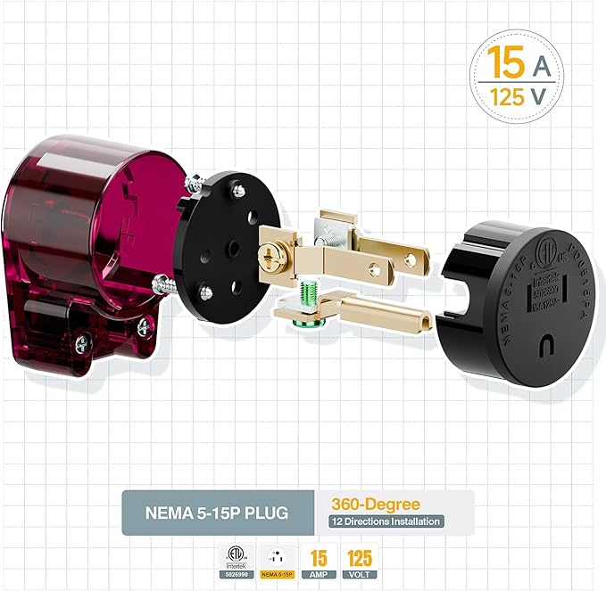 (3PACK) ETL Listed 90 Degree USA Canada Male Plug Nema 5-15P 3 Pole Angle DIY Plug, 15A 125V USA 3Pin Right Angle, Nema 5-15P Angled Rewireable,Red Color