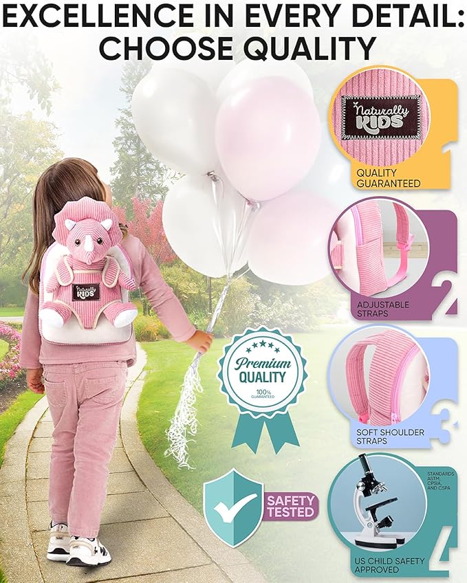 Naturally KIDS Pink Triceratops Toy, Triceratops Stuffed Animal for 2 3 4 5 Year Old Girl, Stuffed Dinosaur for Girls, Pink Toddler Backpack