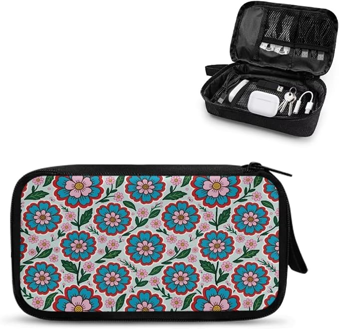 Blue Flowers Electronics Case Portable Electronic Accessories Carry Case Tech Pouch for Cable Cord Charger Phone Earphone Power Bank SD Card Travel Use