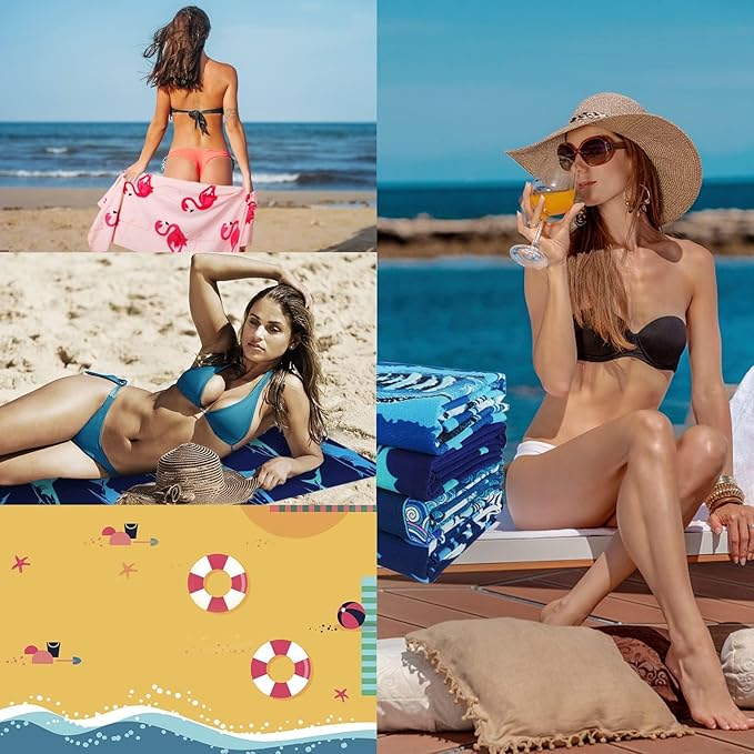 4 Packs Oversized Thin Beach Towel Set XL Extra Large Big 36 x 72 in Clearance Travel Towels Soft Swim Blanket for Adult Women Men Chair Cover Accessories Essentials Blue Shark Turtle Pink Flamingos