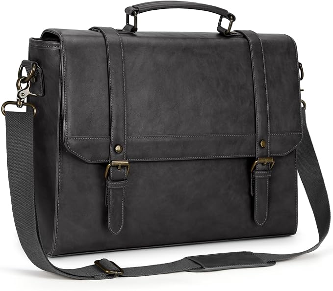 IGOLUMON Messenger Bag for Men 15.6 inch Vintage Leather Waterproof Laptop Briefcase Large Computer Laptop Bag Leather Satchel Bag Retro Shoulder Bag, Grey