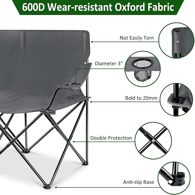 Leonyo Oversized 2 Person Camping Chair, Double Camping Loveseat Chair for Adults, Foldable & Comfortable Double Seat for Lawn, Backyard, Beach, Sports, Movie, Grey