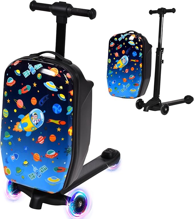 smilesun 4-in-1 Detachable Scooter Luggage for Kids & Teens, Foldable Hardside Ride On Suitcase with Wheels, Stylish and Safe Design(Navy)