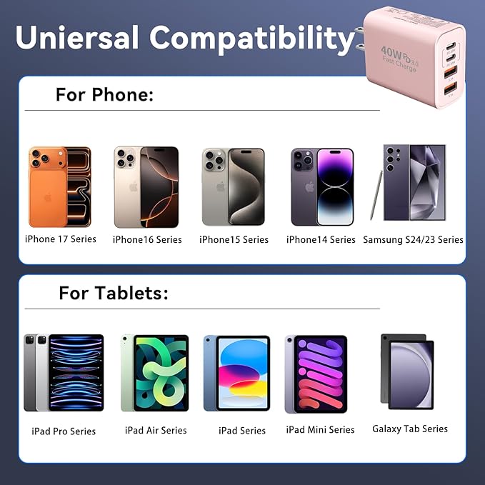 USB C Wall Fast Charger Block, 40W 4-Port Type C Chargers Fast Charging Blocks PD Power Charger Adapter+QC 3.0 USB Multiport Charger Brick for Phone 17/16/15/14/13/12 Pro Max, i-Pad, Galaxy S25-2Pack