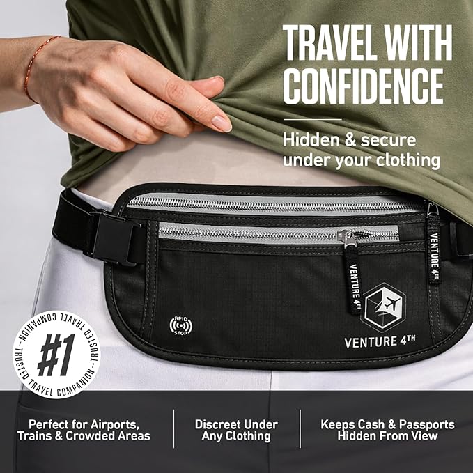 VENTURE 4TH Money Belt for Travel – Slim Hidden Under-Clothes RFID Blocking Anti-Theft Passport Holder & Travel Wallet Pouch for Men & Women to Protect Cash, Cards & Documents (Black)
