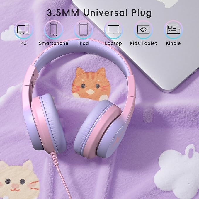 Candy Bila Kids Wired Headphones for Kids with Microphone, 85/94dB Volume Limiter Headphones for Girls Boys, Light Purple