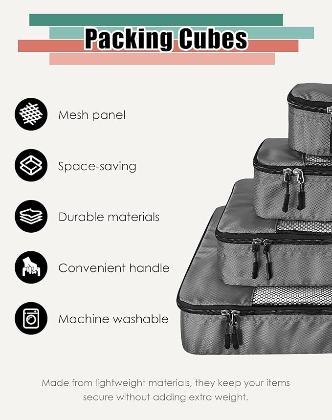 WTREE 4-Piece Packing Cubes Travel Accessories Set for Suitcases - Luggage Organizer Bags with Double Zipper - Mesh Top - Small/Medium/Large/Slim - Dark Grey