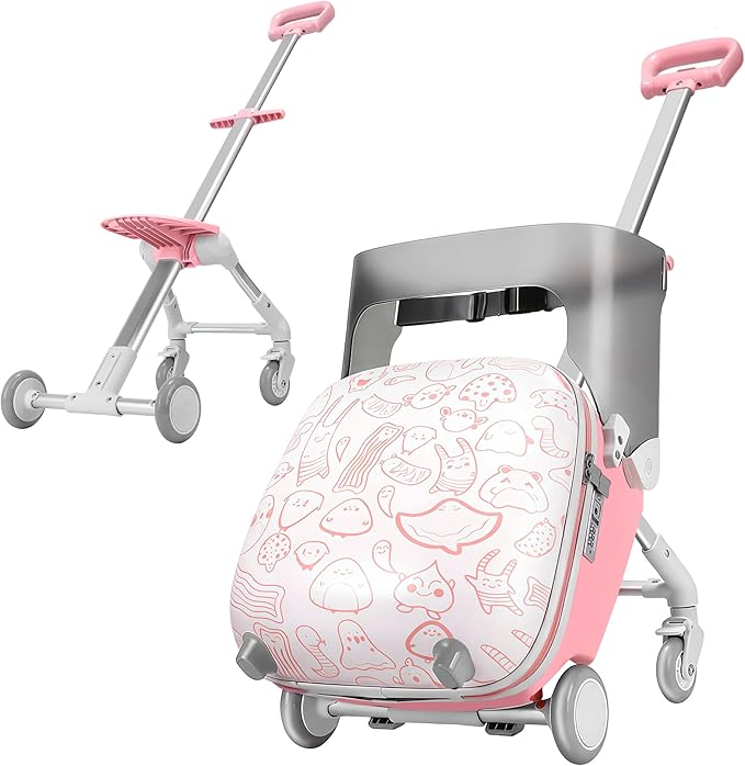 Kids Ride-on Luggage with Seat, 20 inch Carry On Suitcase, 2-in-1 Children's Luggage with Shockproof Silent Wheels and Guardrail for Airplane & Travels