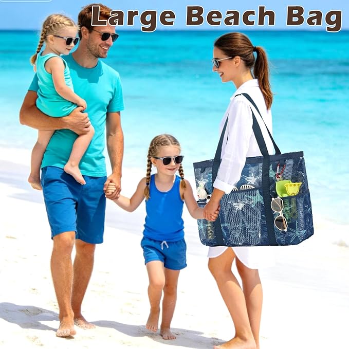 Fammart Mesh Beach Bag with Zipper, Large Beach Tote for Women, Toys Pool Swim Bag Travel Vacation Cruise Essentials