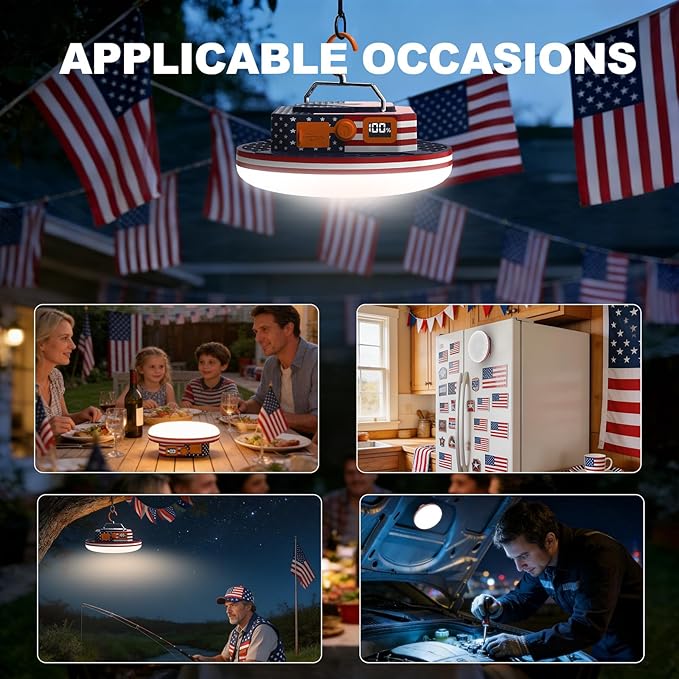 IODOO 10000mAh Rechargeable Camping Light with Remote , US Flag Print American Flag Light for Outdoor Camping Hiking Emergency Power Failure (30W(US Flag Style))