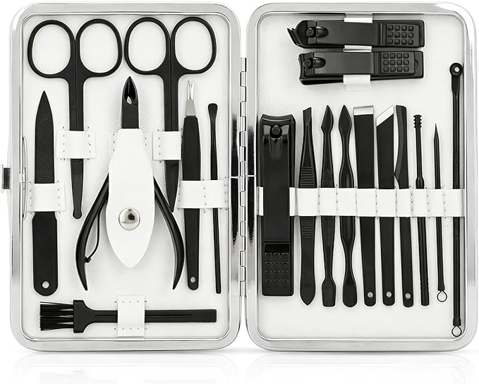 Manicure Set, Jubolion 19pcs Stainless Steel Professional Nail Clippers Pedicure Set with Black Leather Storage Case, Portable Grooming Kit for Travel or Home, Perfect Gifts Women and Men (Black)