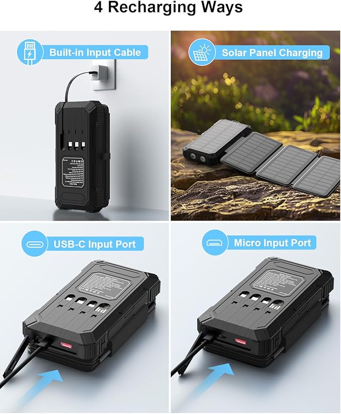 Solar Charger Power Bank 49800mAh with 4 Built-in Cables & 4 Foldable Panels, PD22.5W Fast Portable Phone Charger, External Battery Pack with USB-C in/Output & Flashlight for Outdoor Camping