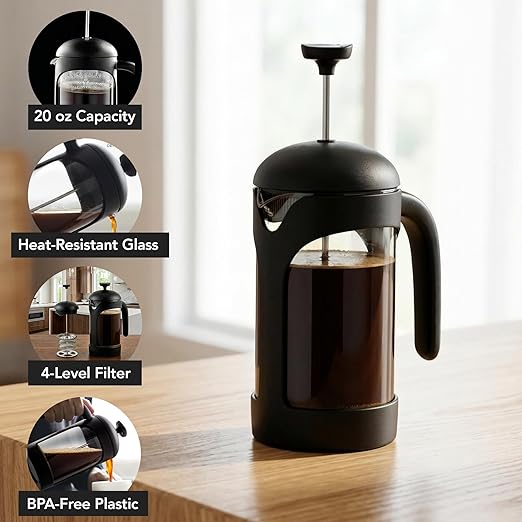 OVENTE French Press Coffee Maker 20 Ounce with Heat Resistant Borosilicate Glass & Stainless Steel 4-Level Filtration System, Portable Cold Brew Coffee Maker for Travel, Camping or Gift, Black FPB20B