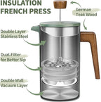 French Press Coffee Maker, 34oz Stainless Steel Green Coffee Press Real Wood Handle, Double Wall Insulated French Coffee Press with Dual-Filter Screen, Perfect for Camping & Kitchen Use
