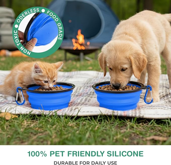 Collapsible Dog Bowls for Travel, Portable Dog Water Bowl & Food Bowl for Dogs and Cats, Foldable Pet Feeding Dish for Walking Hiking Camping with Carabiner, BPA Free, Blue