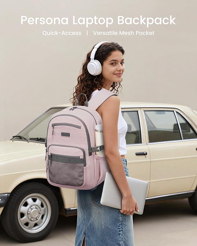 LOVEVOOK Laptop Backpack Women with 40oz Cup Holder Buckle Strap, 15.6 Inch Tech-Ready Work Backpack, TSA-compliant for Travel & College with Versatile Mesh Pocket, Blush Pink