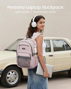 LOVEVOOK Laptop Backpack Women with 40oz Cup Holder Buckle Strap, 15.6 Inch Tech-Ready Work Backpack, TSA-compliant for Travel & College with Versatile Mesh Pocket, Blush Pink