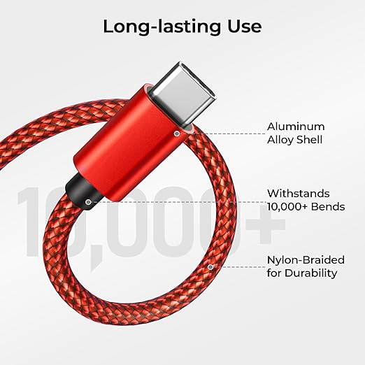 Basesailor for iPhone 17 16 Pro Max Charger Cord,USB to USB C Cable,Type C Charging Power Cord for Apple 17e 15 iPad 10 Air 4 5,Samsung Galaxy S26 S25 S24 S23,Red,2Pack 10FT(3M)