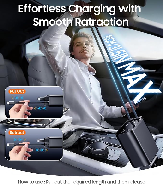 Retractable Car Charger, 4 in 1 Fast Charger USB C Car Truck Accessories, Travel Essentials Gifts for Women Men, Car Accessories for iPhone 17 Pro Max Air 16 15 14 13 Plus,Galaxy,Pixel-Black