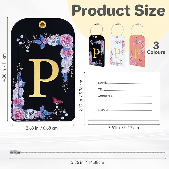 3 Pack Luxury Floral Luggage Tags, Durable PU Leather Suitcase Tags with Stainless Steel Cable Strap, Hidden ID Slot for Privacy Protection, Easy to Identify Waterproof Travel Accessories Gift (P)