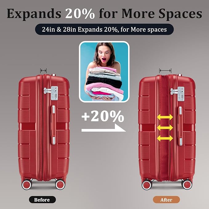 4 Piece Luggage Set, Hardside Expandable Lightweight Suitcase with 360° Mute Spinner Wheels Luggage Sets, TSA Lock, 14/20/24/28 Inch Travel Luggage for Men, Women and Girls (Wine Red 2)