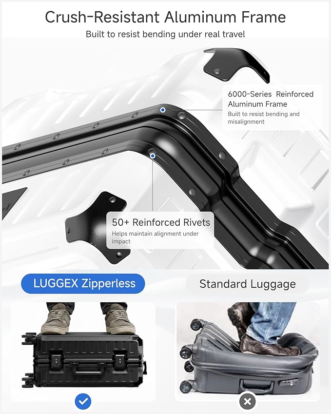 LUGGEX Carry On Luggage with Spinner Wheels, 8010S Aluminum Frame Zipperless Polycarbonate Hard Shell Suitcase with Packing Cubes and Shoe Bag (ZX-Core, Black, 21 Inch)