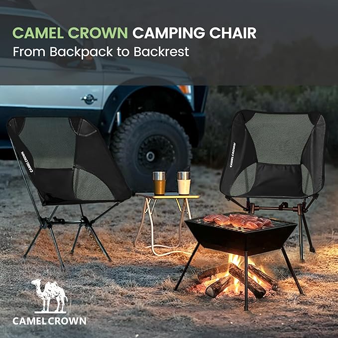 CAMEL CROWN Portable Camping Chair Lightweight Compact Folding Chair Mesh for Outdoor Camp Travel Beach Picnic Festival Hiking Backpacking Black 2 Pack