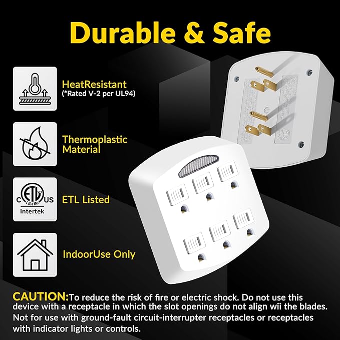 6-Outlet Extender, 3-Prong Ground Wall Tap Adapter with Safety Cap & LED Guide Light, Cruise Essentials, Multiple Plug Electrical Outlets Splitter for Home, Office, Dorm Room, ETL Listed, White