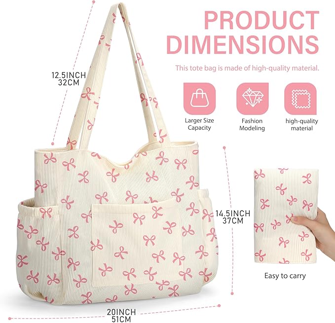 Corduroy Tote Bag for Women,Large Capacity Cute Tote Bags With 6 Pockets,Crossbody Shoulder Handbag for Work Travel Gym