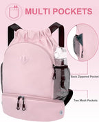 RHDZO Drawstring Backpack Gym Backpack with Shoe Compartment for Men Women String Sports Bag with Wet Pocket Cinch Swim Beach Bag, Large Pink
