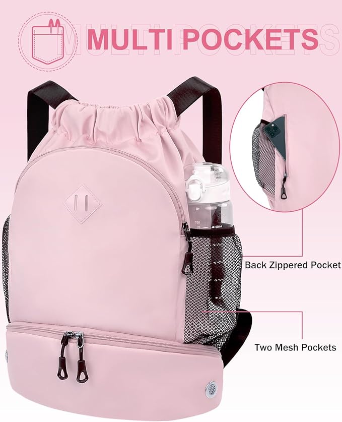 RHDZO Drawstring Backpack Gym Backpack with Shoe Compartment for Men Women String Sports Bag with Wet Pocket Cinch Swim Beach Bag, Large Pink
