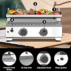 R.W.FLAME Portable Propane Griddle,Stainless Steel Gas Grill,Table Top Grill for Outdoor BBQ,Camping and RVs,Silver (2 Burner)