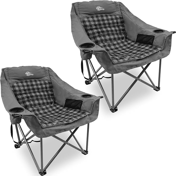 Bolosy 2 Pack Oversized Camping Chairs for Adults Heavy Duty Padded Portable Lawn Chairs Outdoor Folding Chairs XL Camp Chairs with Cup Holder Suproot 500 lbs, Gray Plaid