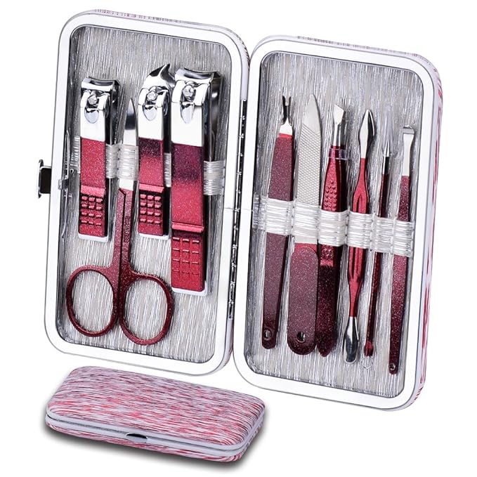 HANTEKAS Manicure Set 10 in 1 Stainless Steel, Nail Clippers Scissors Pedicure Tools Kit - Portable Travel Grooming Kit for Men and Women with Leather Case (Rose Red)